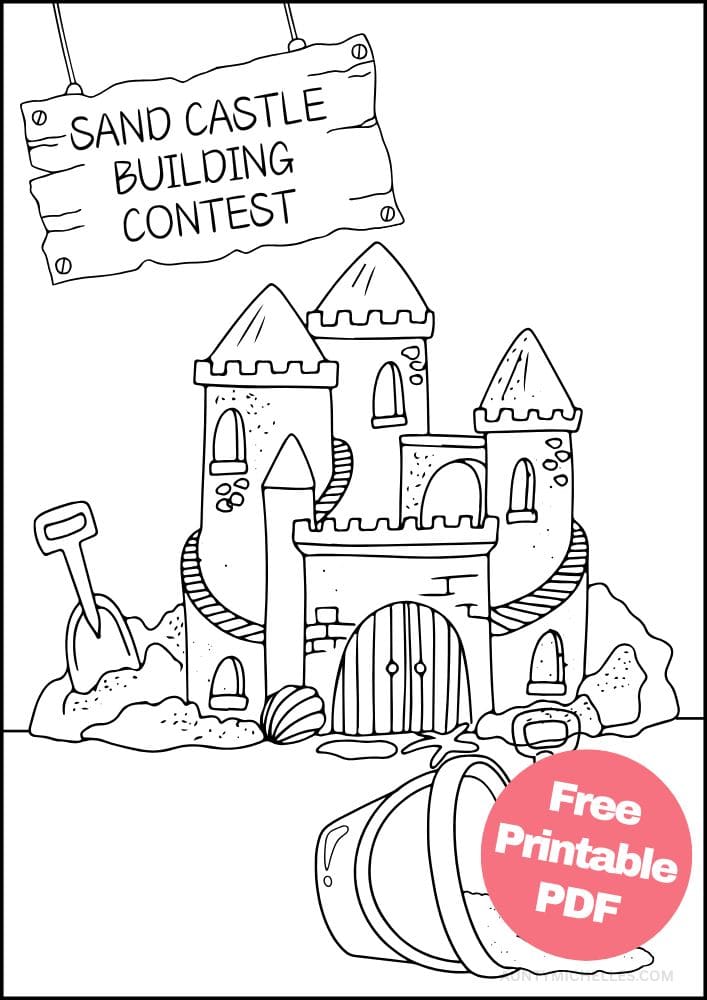 coloring page with a sand castle building contest, sand castle, bucket, and shovel