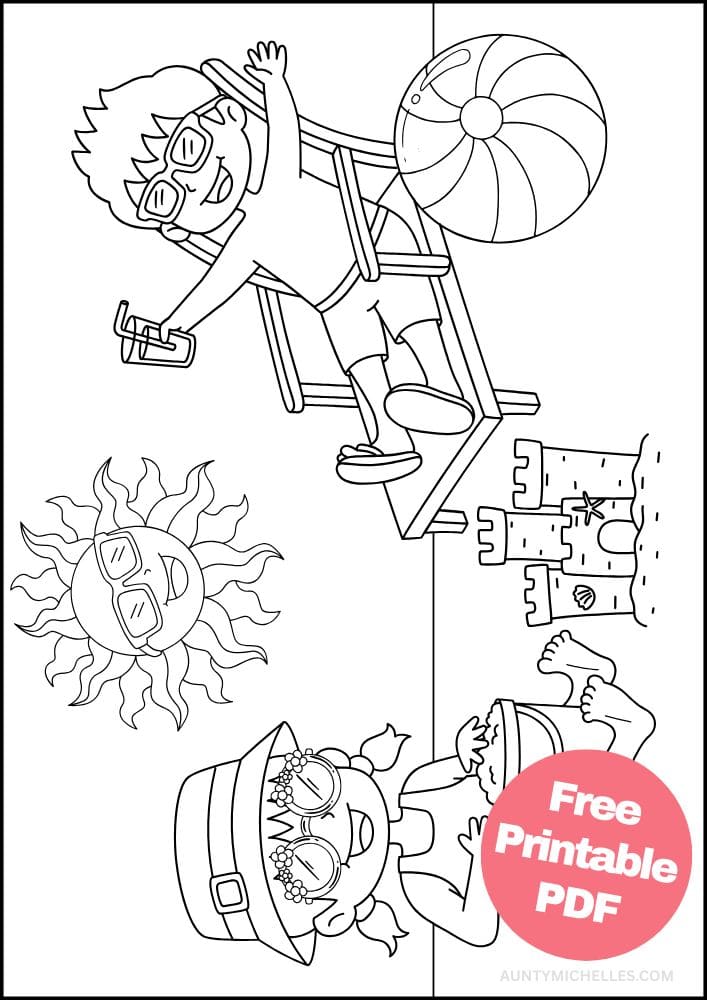 Summer themed coloring page with two kids at the beach sunbathing and playing in the sand building a sand castle