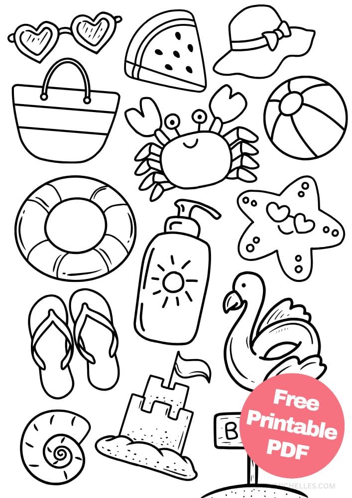 summer themed coloring page with sunglasses, tote bag, crab, beach ball, tube, sunscreen, starfish, flamingo, floaty, sandcastle, seashell