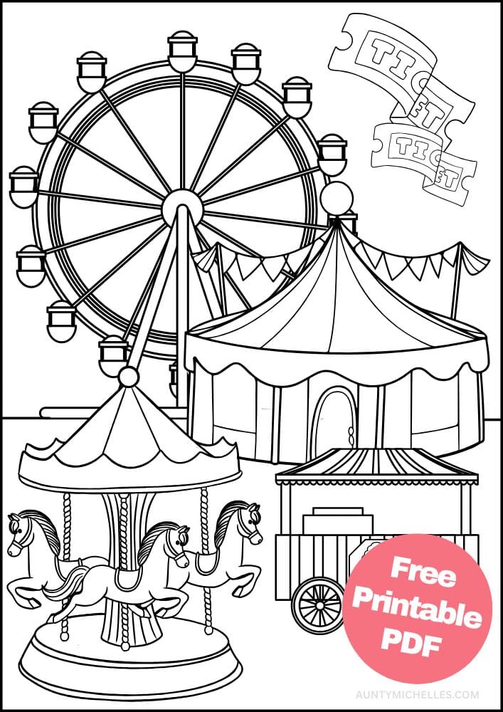 Carnival coloring page with a ferris wheel, tent, carrousel, and cotton candy stand