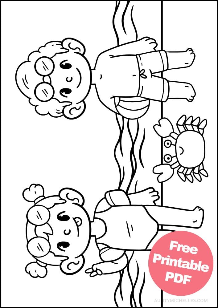 Summer themed coloring page with two kids wearing bathing suits by the ocean with a crab