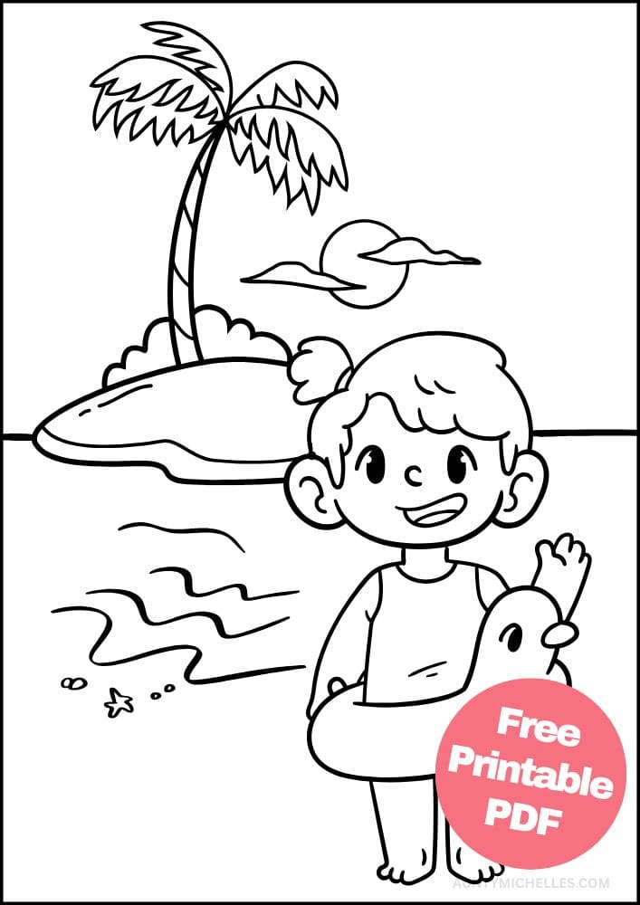 Summer coloring page with a kid in a tube standing in front of an island with a palm tree
