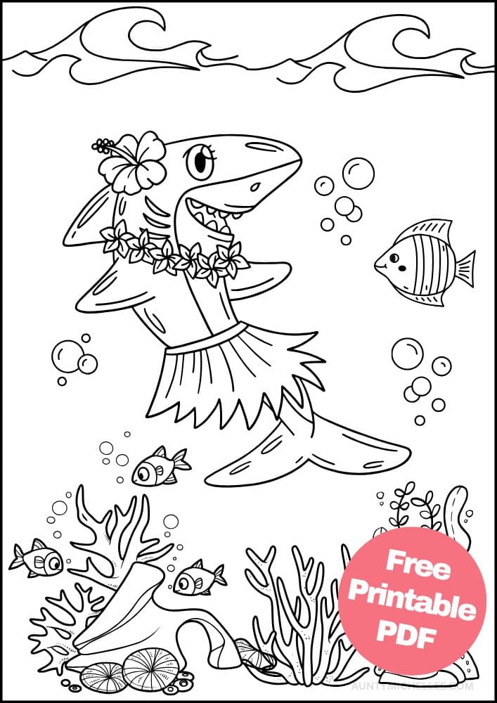 Ocean coloring page with a shark wearing a hula skirt under water with other fish
