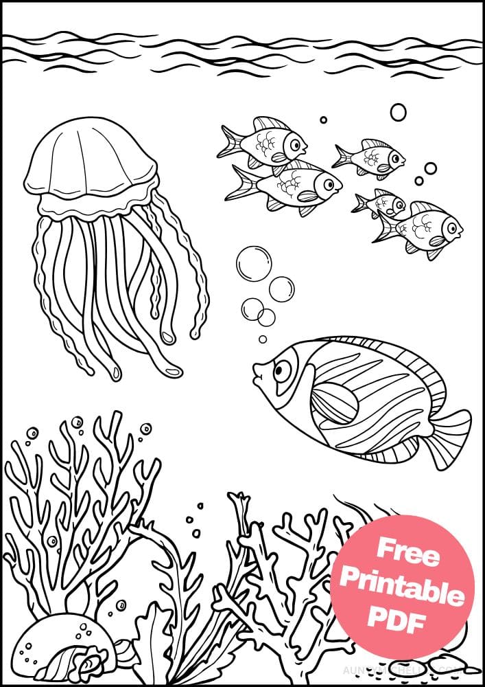 Under water coloring page with jelly fish, fish, seaweed, and coral