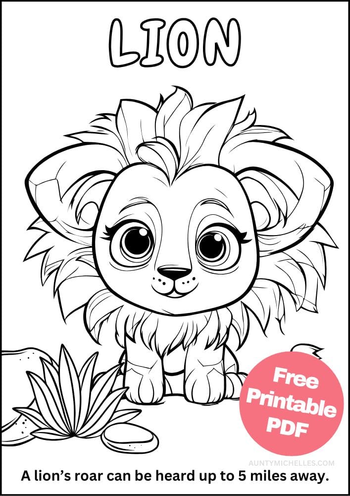 Lion coloring page with fun fact