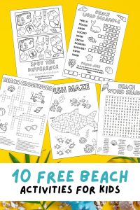 Free Printable Beach Worksheets for Kids including beached themed crosswords, word searches, mazes, dot to dots, word scrambles, I spy, and more!