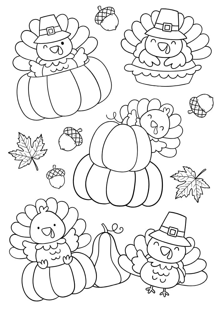 Free Printable Thanksgiving Coloring Pages for Kids turkey pumpkin acorn PDF Download Coloring Sheets Coloring Book Printout