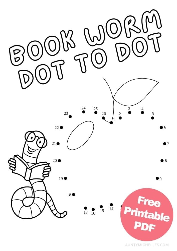 Book worm apple dot to dot (connect the dot) printout for kids