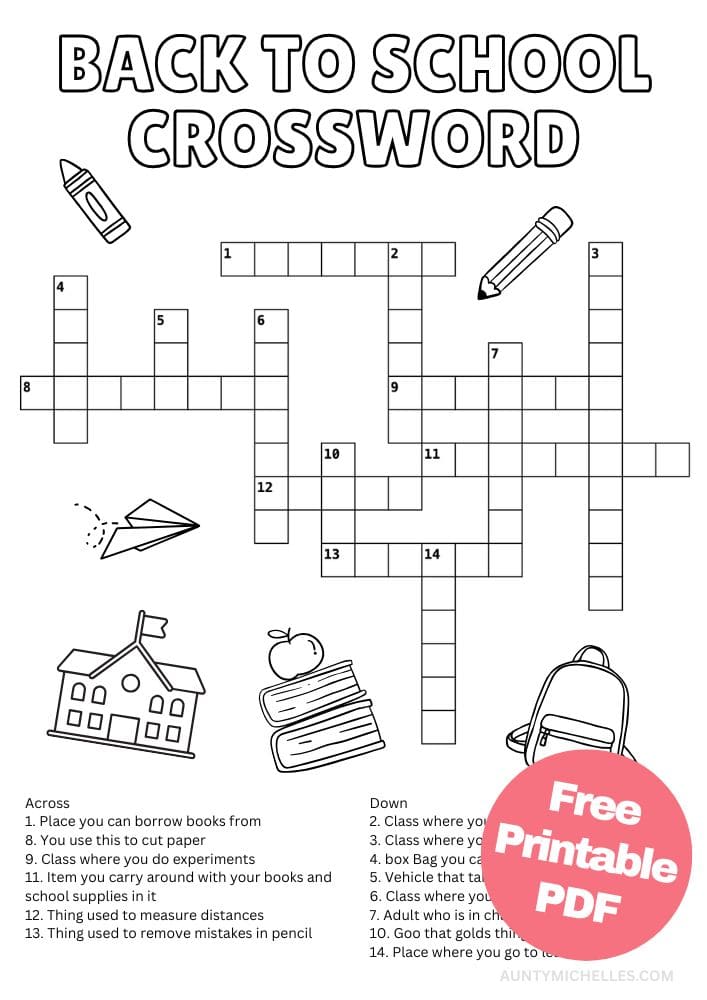 Printable Back to School Themed Crossword Puzzle Activity for Kids