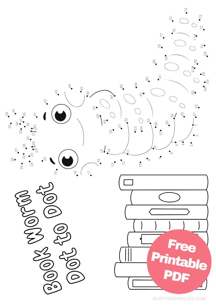 Book worm dot to dot (connect the dot) printout for kids