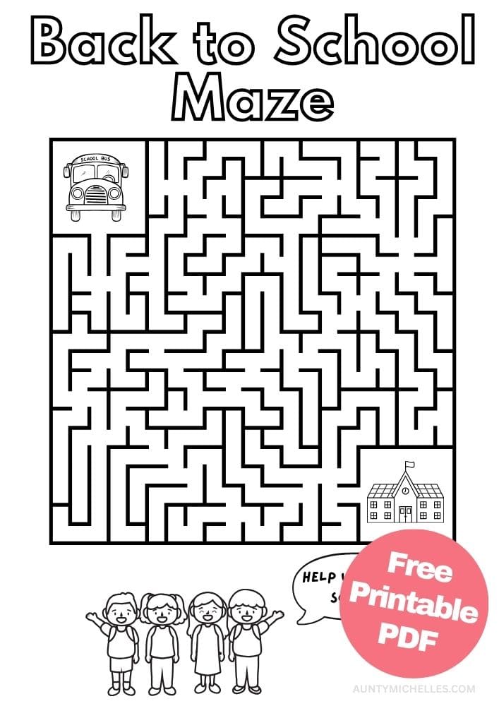Back to school bus and students maze printout for kids