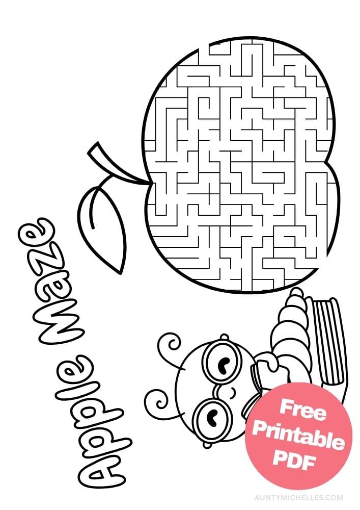 Teachers apple and book worm maze printout for kids