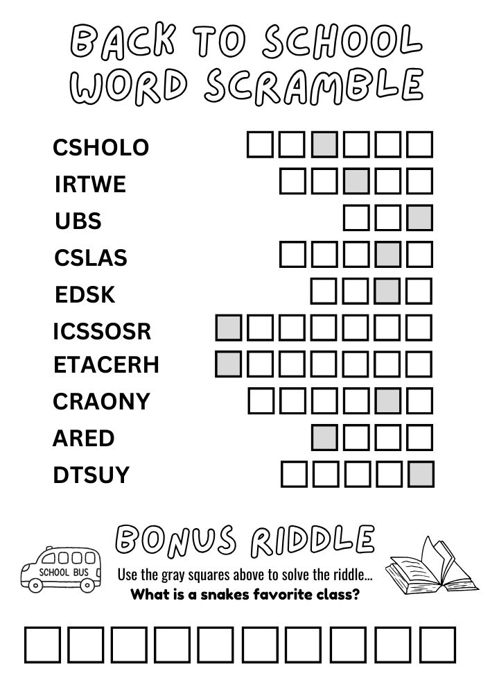 free printable back to school activities worksheets pdf download printout puzzle game word scramble