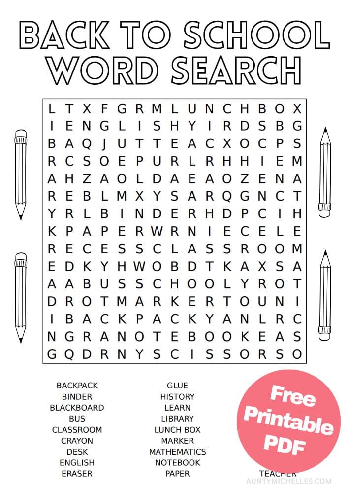 Printable Back to School Word Search Activity for Kids
