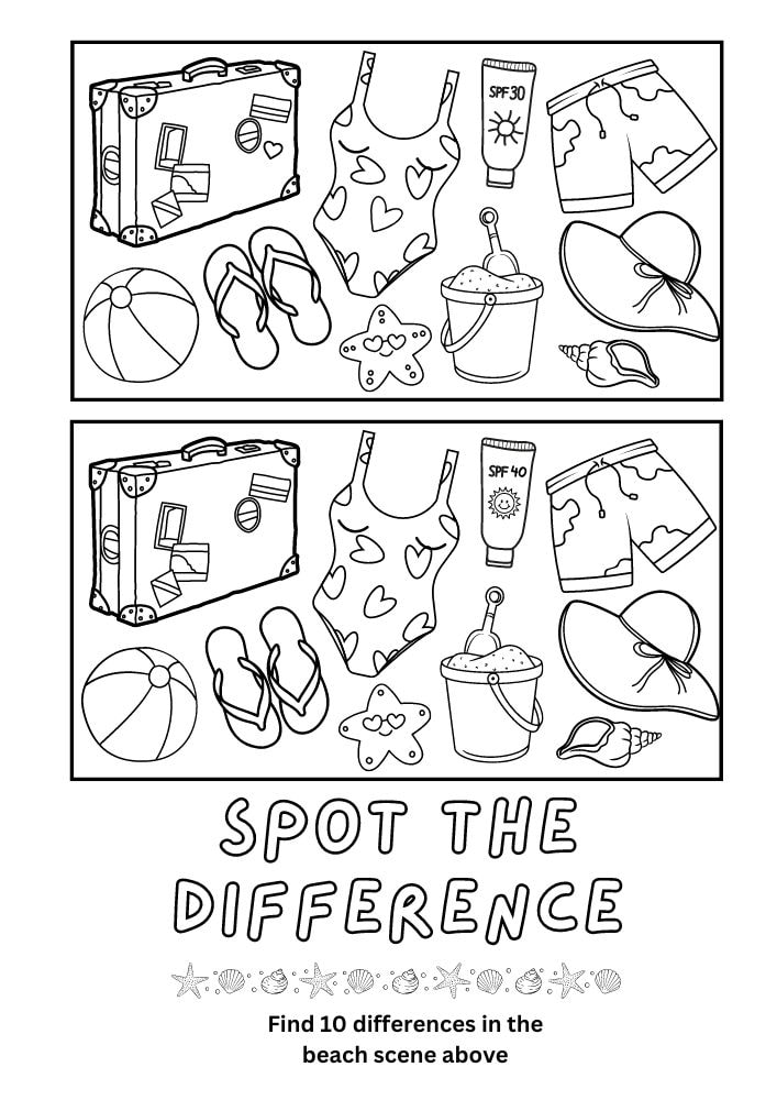 free printable beach worksheets for kids printout game puzzle pdf download spot the difference