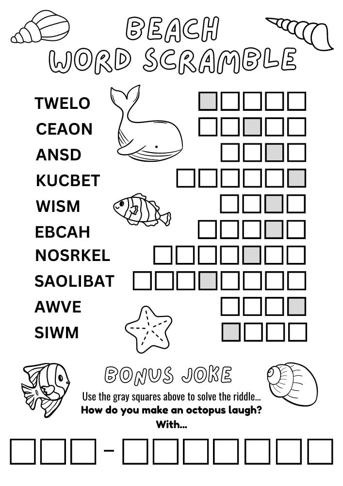 free printable beach worksheets for kids printout game puzzle pdf download word scramble