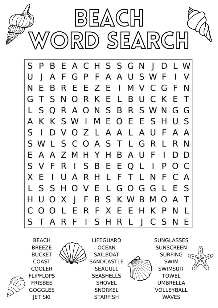 free printable beach worksheets for kids printout game puzzle pdf download word search