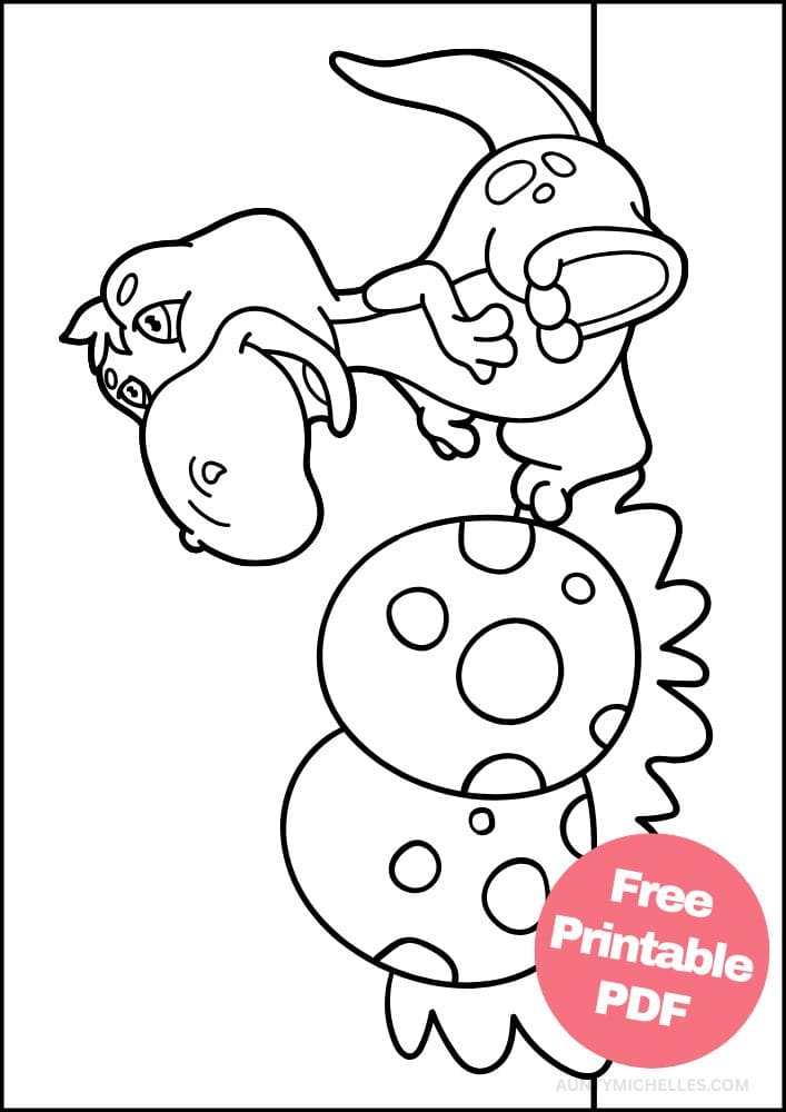 A prehistoric themed coloring page with a baby allosaurus next to two unhatched dinosaur eggs
