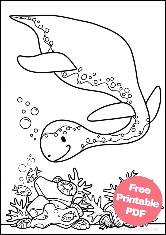 A dinosaur coloring page with a plesiosaurus swimming in the ocean and looking at fish and coral