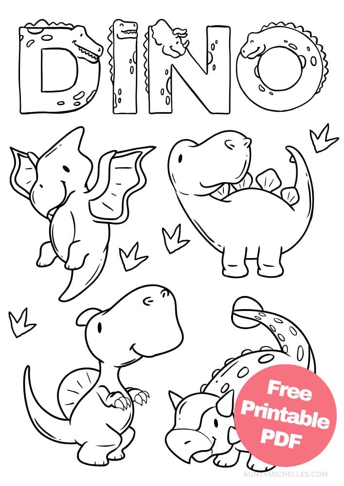 dinosaur themed coloring page with a pterodactyl, ankylosaurus, parasaurolophus, and stegosaurus