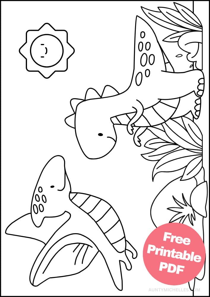 easy dinosaur themed coloring page with a cute cartoon pterodactyl and T-rex smiling