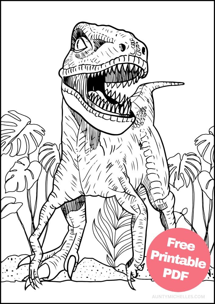 A dinosaur themed coloring page with a scary and realistic looking velociraptor showing its teeth and running at you
