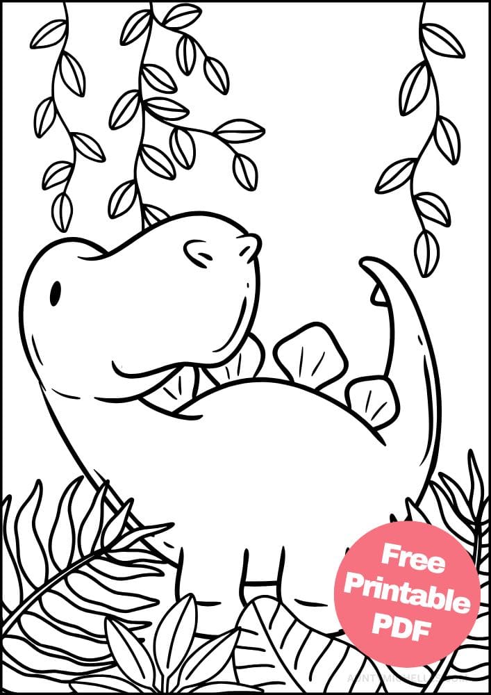 stegosaurus coloring page with a dinosaur walking through plants in the jungle