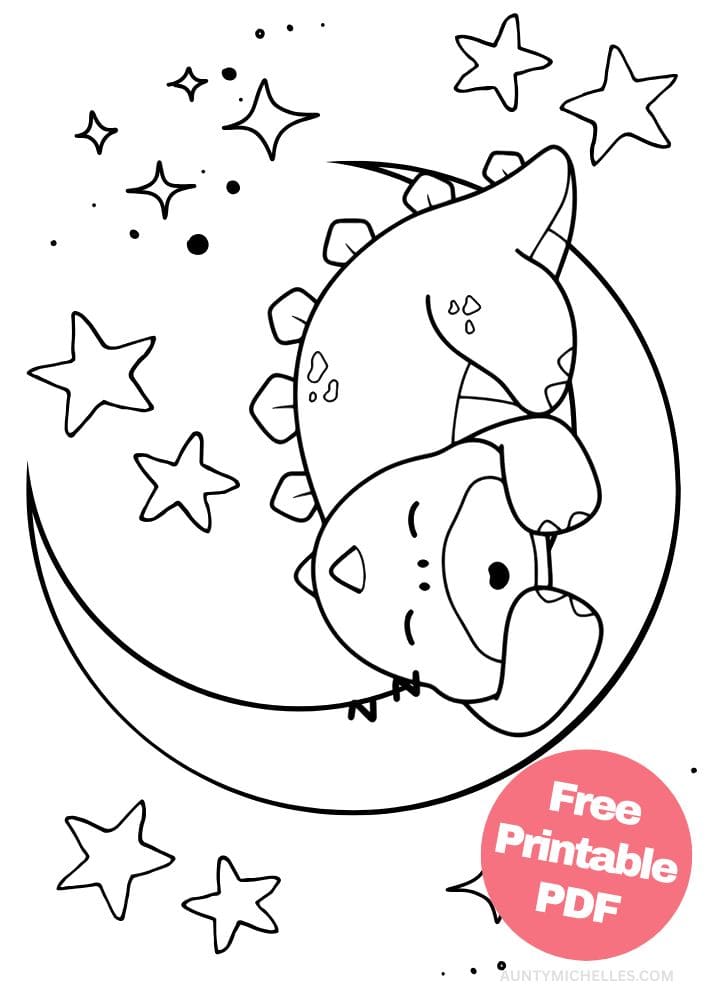 cute dinosaur themed coloring page with a stegosaurus taking a nap on the moon