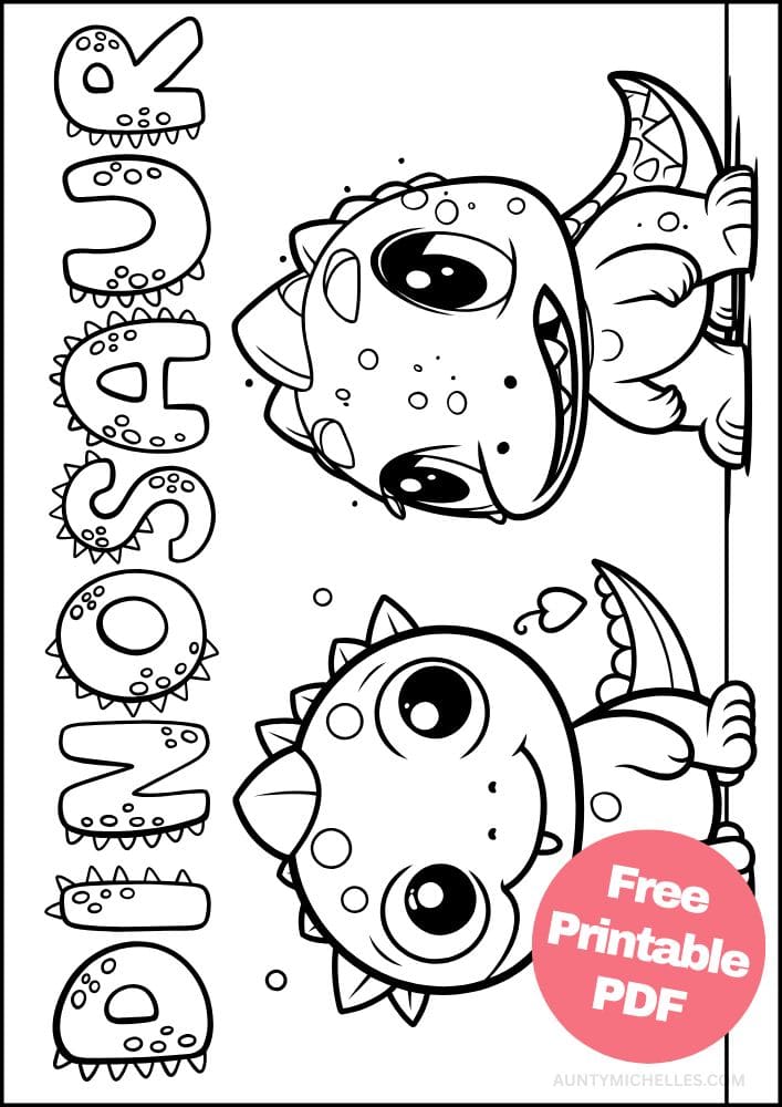 coloring page with a cute baby stegosaurus and spinosaurus