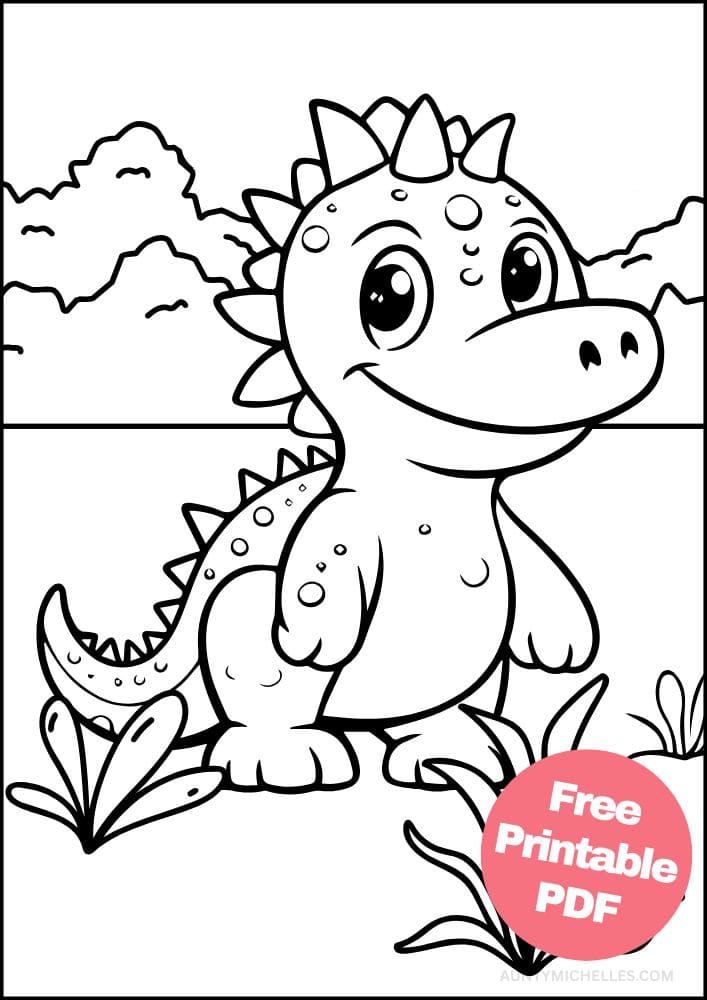 dinosaur themed coloring page with a cute baby stegosaurus