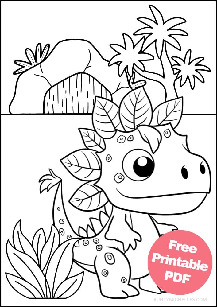 This dinosaur coloring page has a camouflage tyrannosaurus rex standing in front of a cave