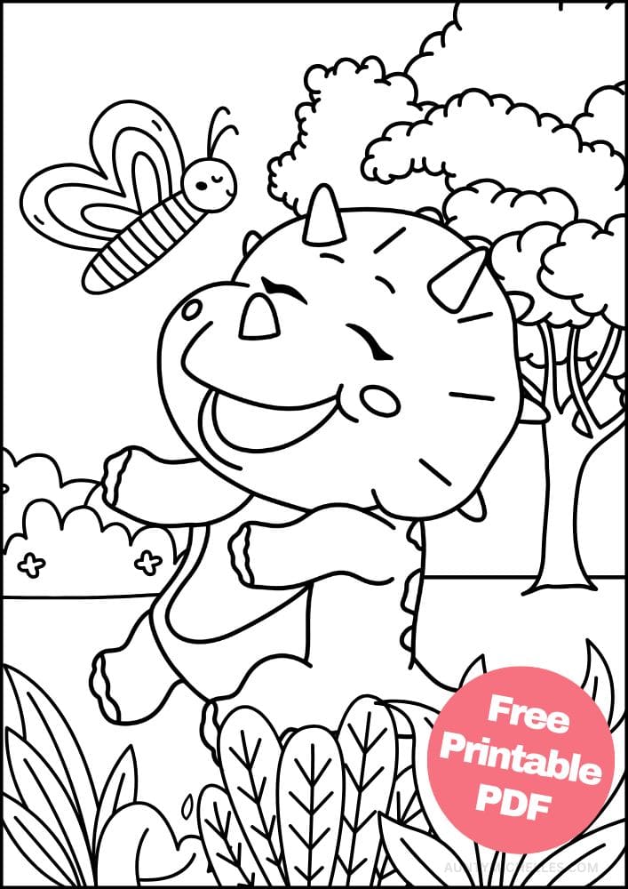 A coloring page with a triceratops in a jungle laughing at a butterfly flying in front of its face