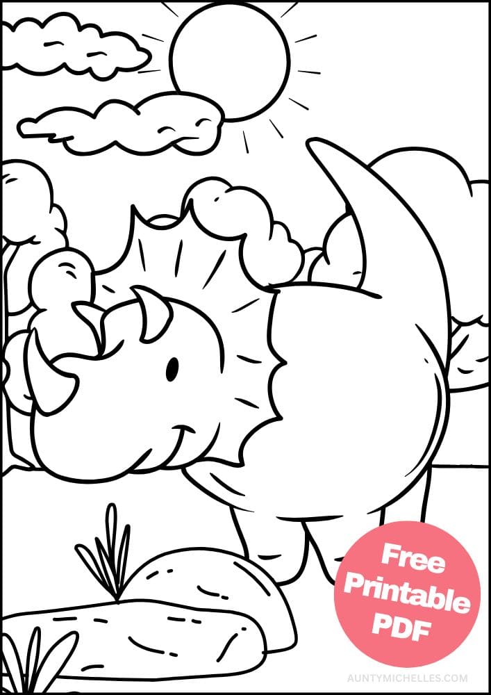 A coloring page with a triceratops standing in a field