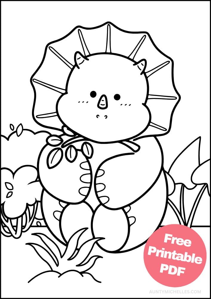 triceratops coloring page with a dinosaur eating leaves off a plant in the jungle