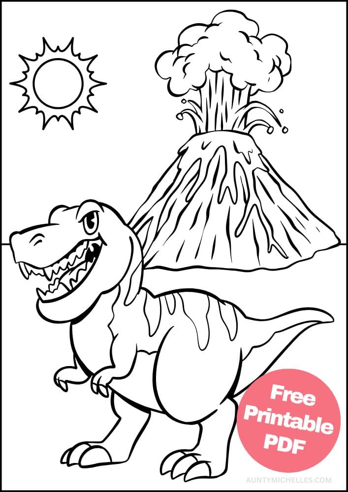 A coloring page with a scary tyrannosaurus rex standing in front of an erupting volcano