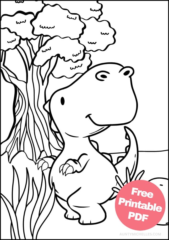 A coloring page with a cute tyrannosaurus rex looking around in the jungle