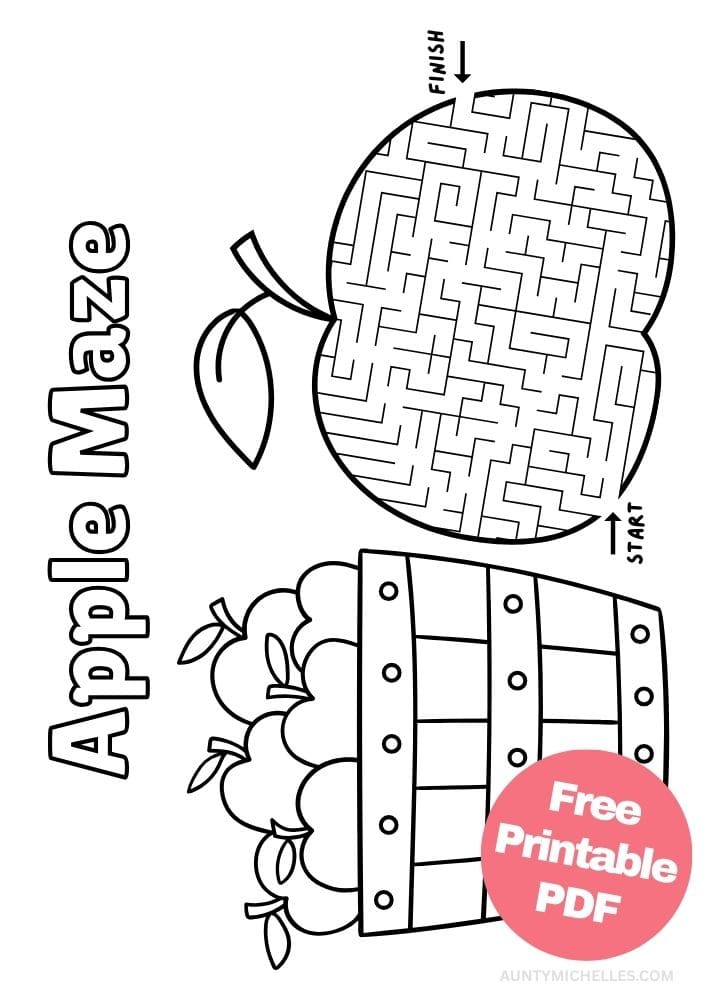 Apple maze game for kids with apple orchard basket to color in