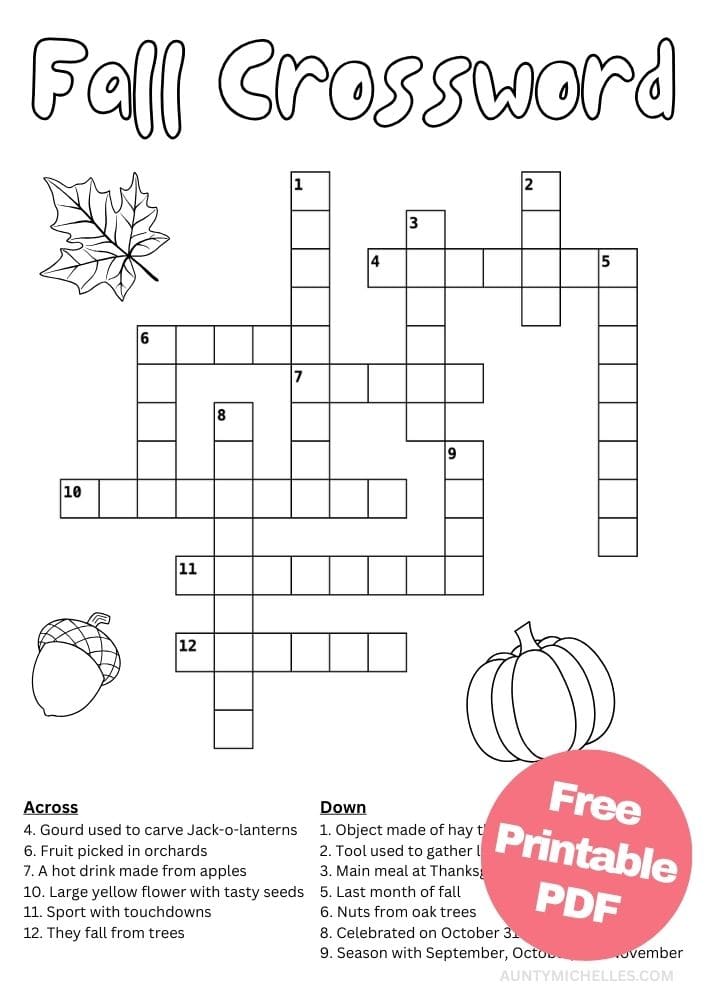 fall themed crossword puzzle printable activity
