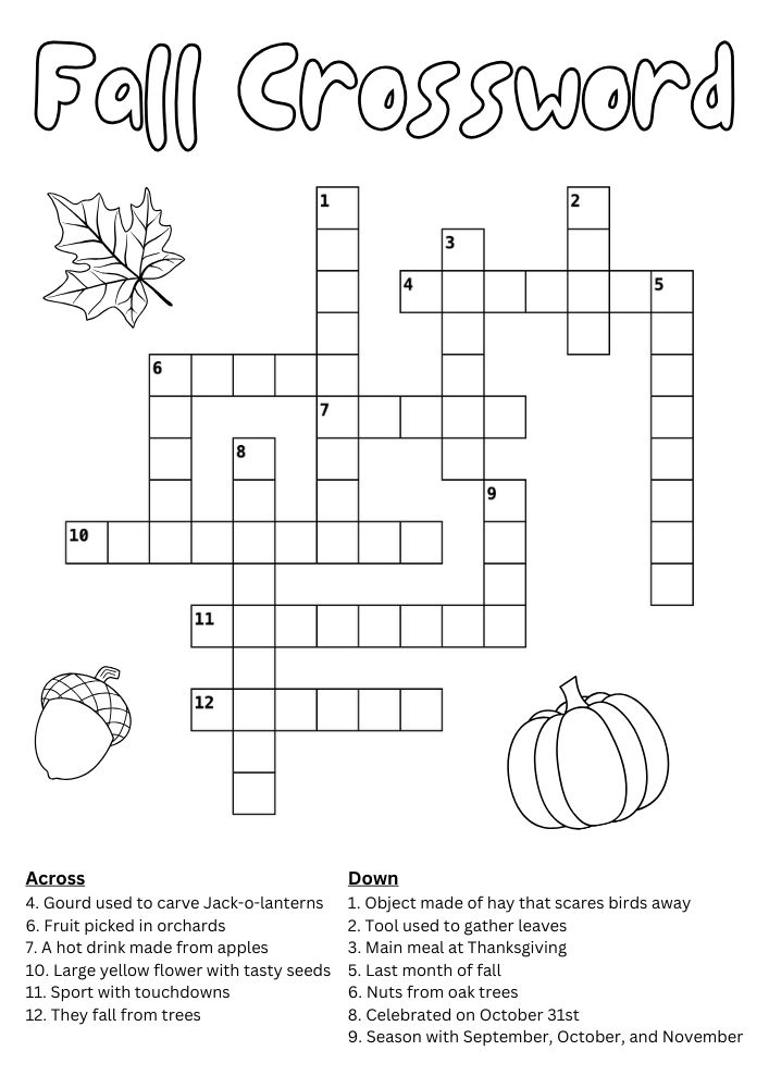 Free Fall Printable Activities for Kids puzzle game Worksheets Autumn crossword