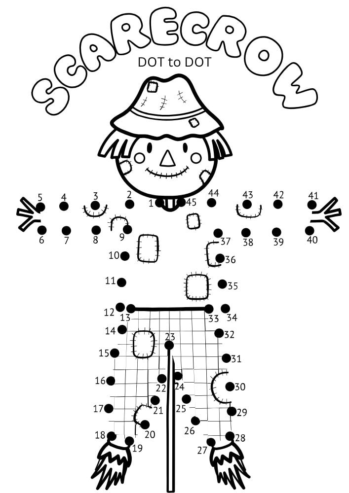 Free Fall Printable Activities for Kids puzzle game Worksheets Autumn scarecrow dot to dot