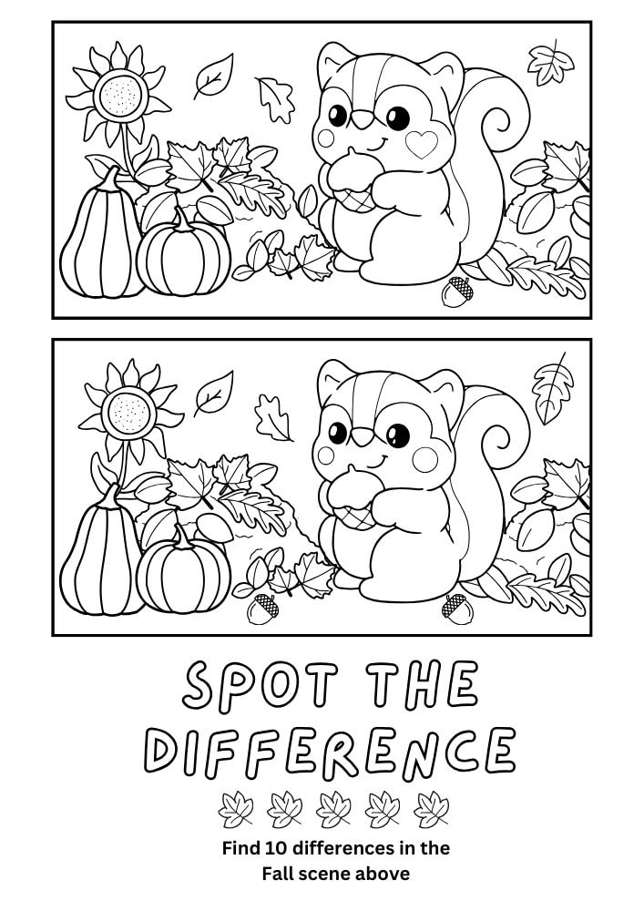 Free Fall Printable Activities for Kids puzzle game Worksheets Autumn squirrel spot the difference