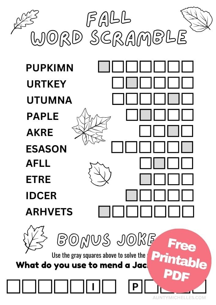 fall themed word scramble printable activity