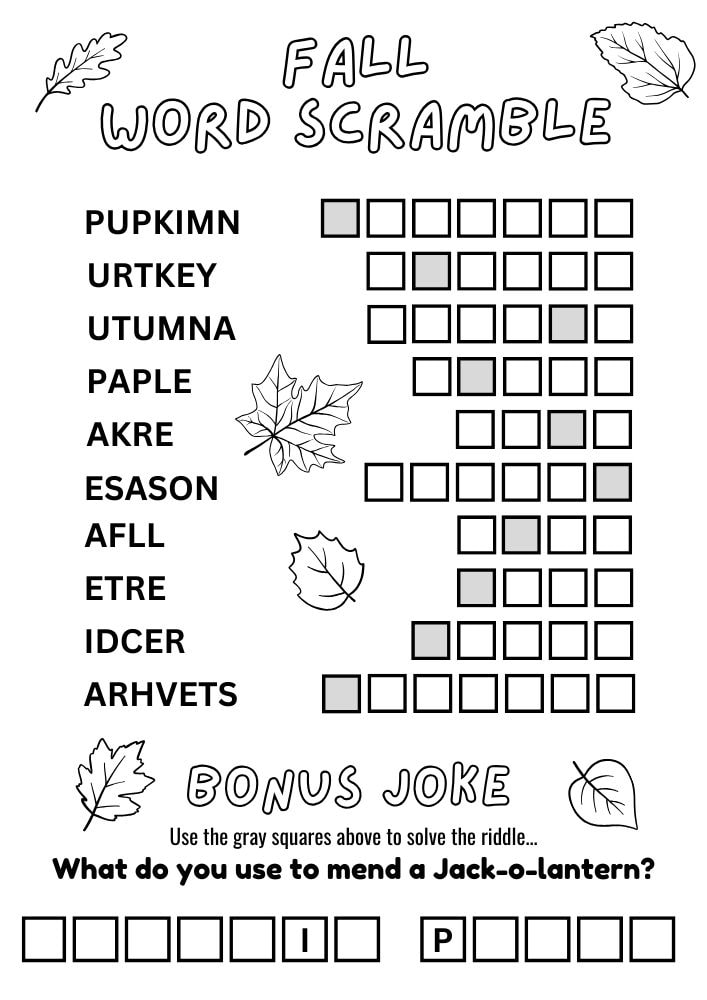 Free Fall Printable Activities for Kids puzzle game Worksheets Autumn word scramble