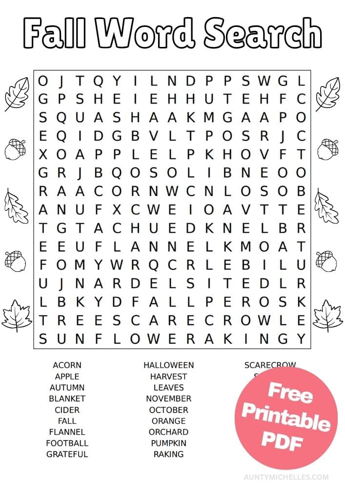 fall themed word search printable activity