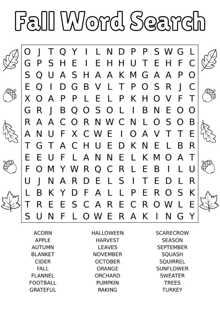 Free Fall Printable Activities for Kids puzzle game Worksheets Autumn word search