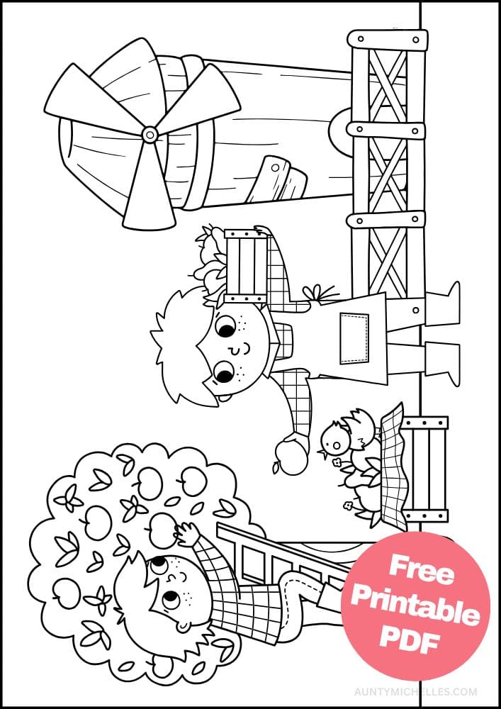fall themed coloring page of a kid and a grown up apple picking on a farm