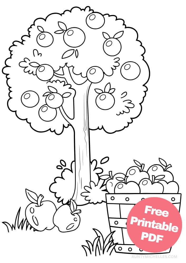 fall themed printable coloring page of an apple tree with a basket of apples beneath it