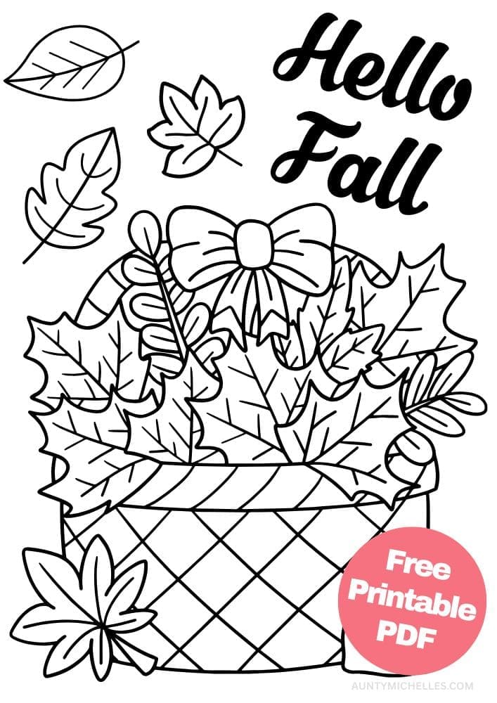 fall themed printable coloring page with a basket full of maple leaves