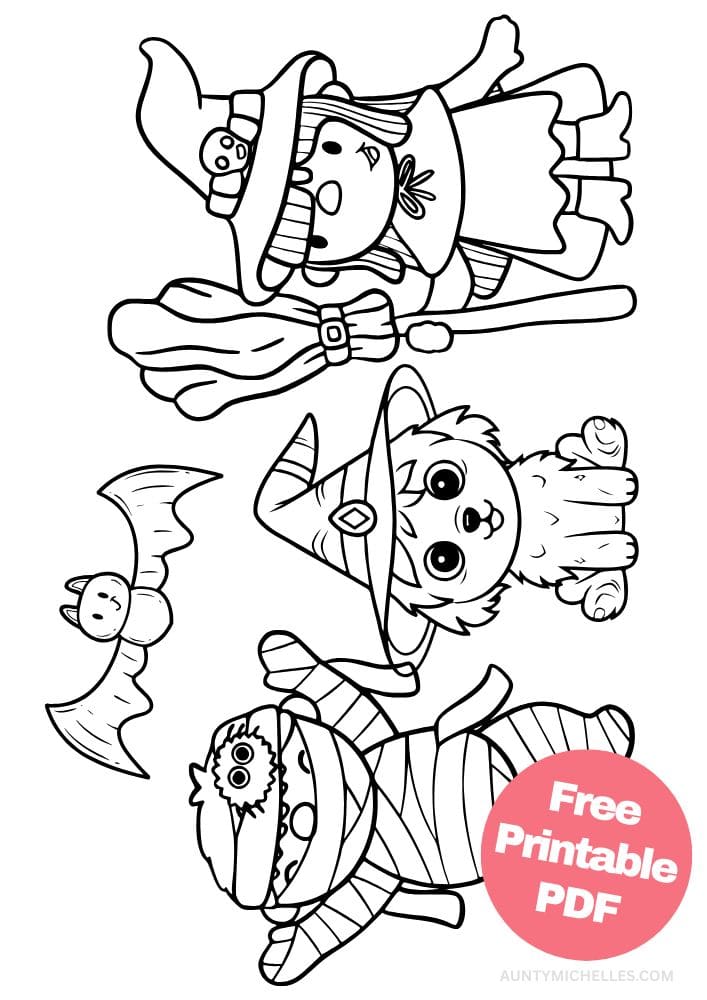 coloring page of kids and a dog going trick or treating in costume. One kid is a witch and the other is a zombie