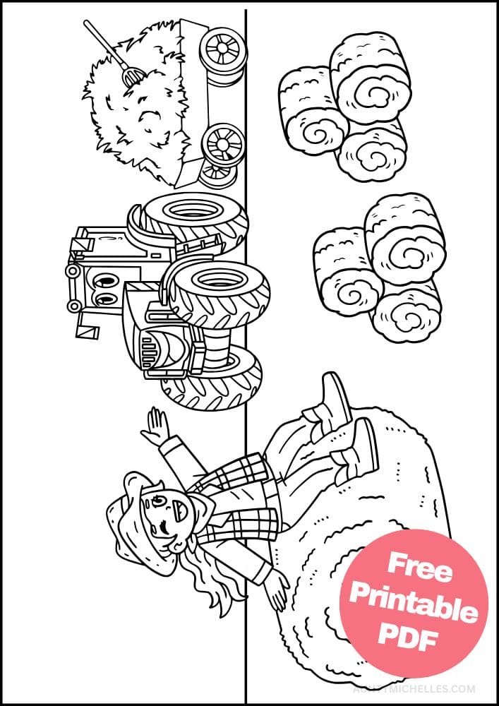 fall themed printable coloring page of a kid sitting on a bale of hay and waving to happy tractor